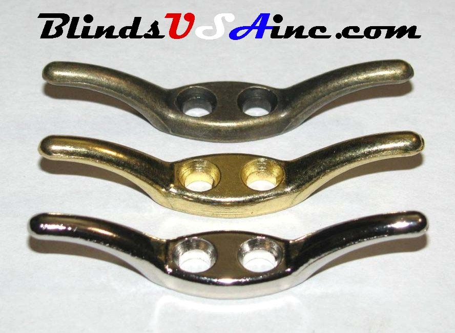 2.5 inch wide cast cord cleats, 3 color finishes; antique brass, bright brass, nickle