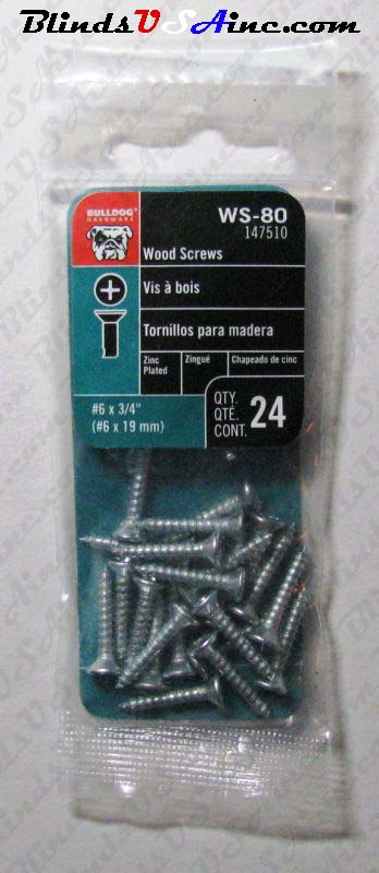 Counter Sink Wood Screws, finish zink, #6, 3/4" long, 1/4" round head, package of 24, Item # SCR-WS80