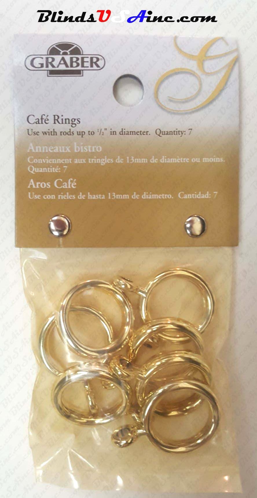 Graber 1/2" Cafe' Rings with Eyelet, finish brass, pack of 7, Part # 5-860-8